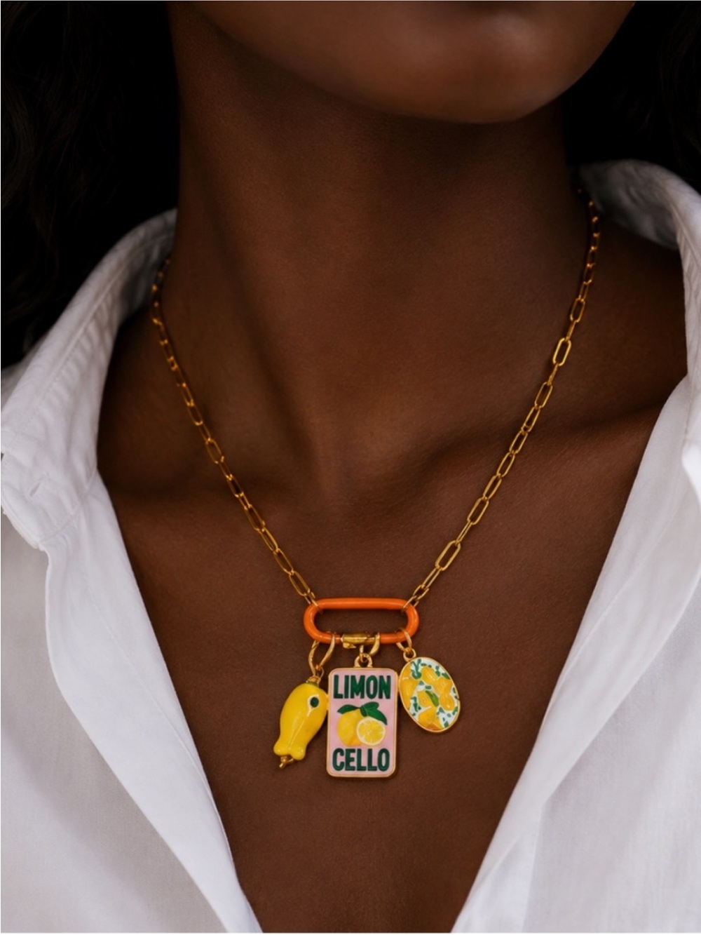 New! Coastal 18K Gold Plated Lemon Limon Cello Carabiner Necklace NWOT 3024